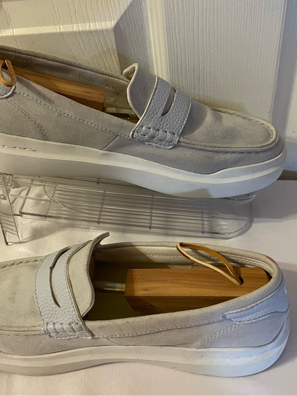 Cole Haan Light Gray Canvas Penny Loafers with White Sole for women’s